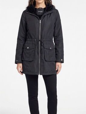 bebe Black Drawstring Waist Utility Jacket with Faux-Fur Hood